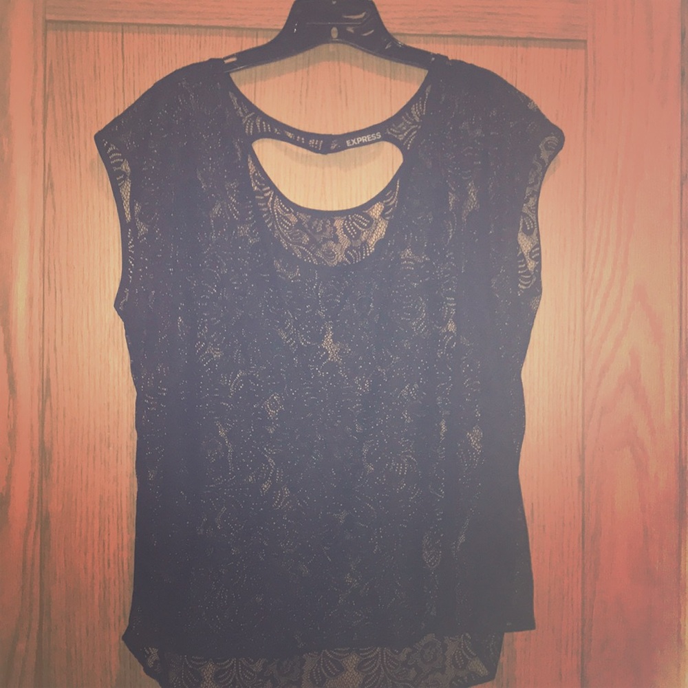 EXPRESS | Black Lace Cap Sleeve Top w/ Back Cutout - Size Large